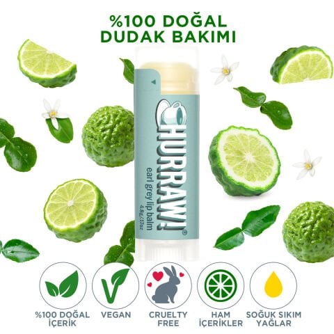 Hurraw! Earl Grey Lip Balm - Bergamot Özlü & Çay Aromalı